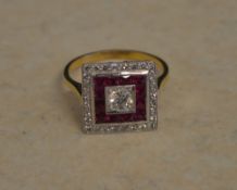 18ct gold ruby and diamond Art Deco ring,