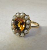 9ct gold citrine and seed pearl ring total weight 3.