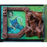 David Arnatt: a terracotta and acrylics on laminate board, "girl in blue top", 20 1/2" x 25 3/4"