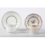 A New Hall pattern 186 saucer, a silver lustre coffee can and saucer and one other coffee can