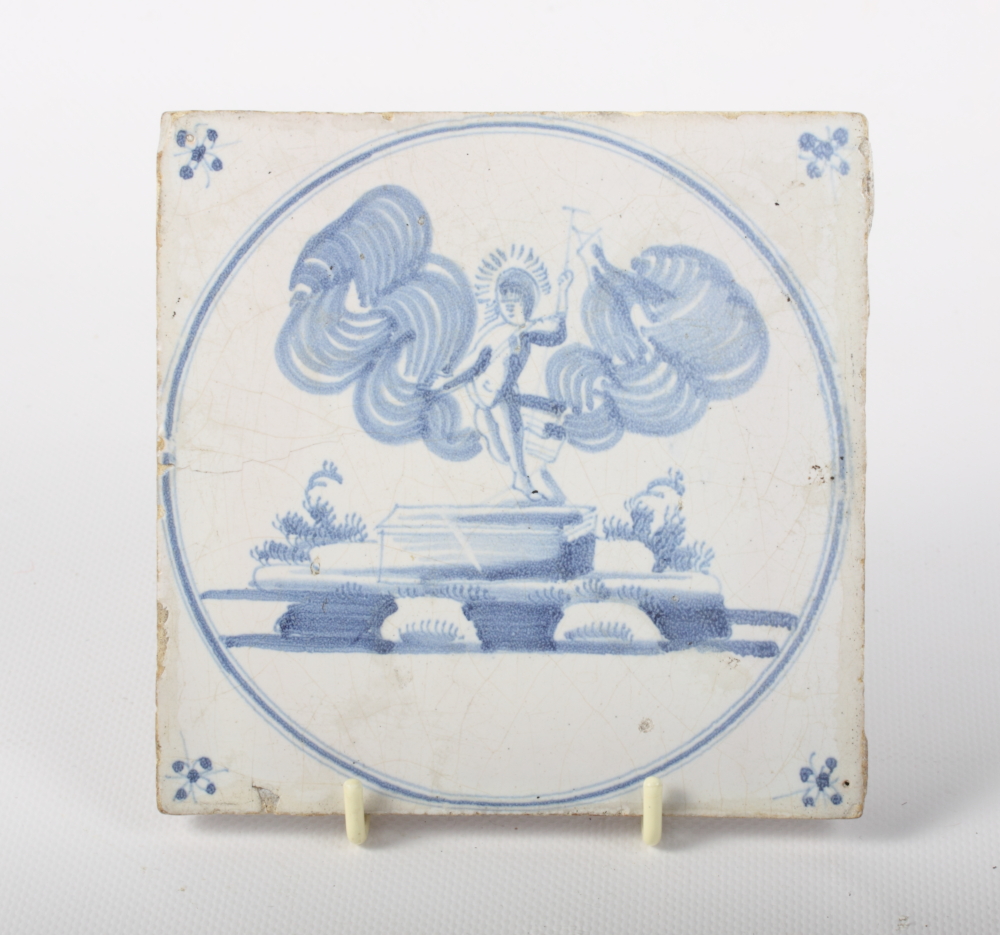 An early 18th Century Delft ware tile decorated risen Christ