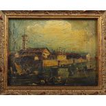 An oil on canvas, Venetian scene with gondolas, 4 1/4" x 5 3/4", in gilt frame