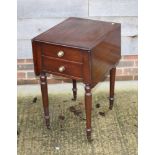 A 19th Century mahogany drop leaf work table, fitted two shallow end drawers, on turned end