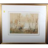 Lester Sutcliffe: watercolours, silver birch trees, 10" x 14", in gilt frame