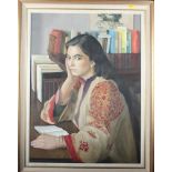 An oil painting, portrait of a girl seated reading, and a quantity of other framed pictures and