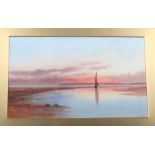 I M Pope: watercolours, coastal sunset scene with sailing boat, 9" x 15", in gilt frame