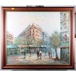 Burnett: an oil painting, French street scene, in brown frame, and a coloured print, foliage, 31"