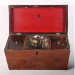 A 19th Century mahogany rectangular two-compartment tea caddy with central mixing bowl holder, 12"