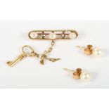 A gold bar brooch set pearls and pendant key and a pair of gold pearl set ear studs