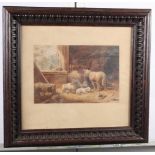 Erbe 1876: watercolours, sheep in a byre, 6 1/2" x 9 1/2", in carved oak frame, and H Kenth 1921: