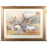 A pair of 19th Century watercolours, figures outside stone cottages and figure with horse and cart