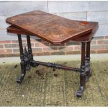 A Victorian inlaid burr walnut centre table, on ebonised base with twin turned end supports, 36" x