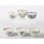 Six early New Hall tea bowls, patterns 3, 288, 312, 338, 430 and 272