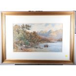 A late 19th Century watercolour, view of Loch Assynt, three figures fishing from a boat, 12" x