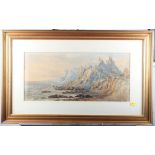 A 19th Century watercolour, rocky coastal scene with sea birds, 9" x 19", in gilt frame