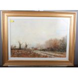 John Bond: oil, winter landscape with two figures on a track, 13" x 18", in gilt frame