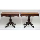 A pair of William IV figured rosewood fold-over top card tables, inset circular bronze playing