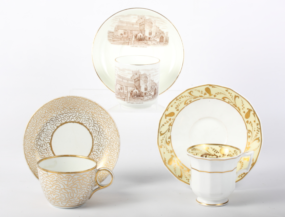 A Copeland Garrett coffee cup and saucer, a Chamberlains Worcester tea cup and saucer and a Goss