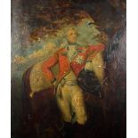 An oil on panel, portrait of George III in military uniform standing by his horse, 15" x 12",