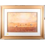 John Bond: oil on card, five figures in a harvest field, 12" x 17", in gilt frame