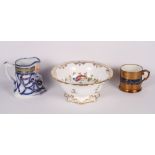 A Spode "Chelsea Bird" pattern pedestal bowl, a blue and copper lustre decorated Toby jug and a