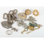 Two marcasite silver brooches, a lovebird brooch set brilliants, a silver chain, a silver ring and