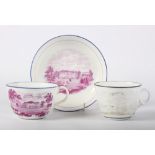 A New Hall puce bat printed tea cup and saucer and a similar tea cup