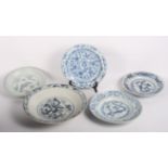 Three 19th Century Chinese export blue and white porcelain plates, largest 7 1/2" dia, and two