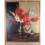 May Anderson: oil painting, red and white gladioli in a jug, 30" x 25", in gilt scroll decorated