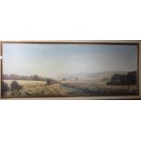 Michael Morris: oil on canvas, "Autumn Near Firle" Sussex Downs, 17 1/2" x 47 1/2", in gilt frame