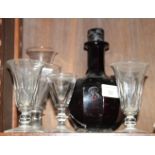 A 19th Century ruby glass decanter engraved initial and five 19th Century drinking glasses, various