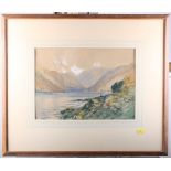 H R Wilkinson: watercolours, view of Ullswater with two figures on the bank, 10" x 14", in oak