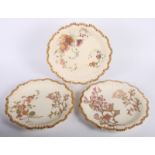 Three Royal Worcester blush ivory cabinet plates decorated flowers and gilt edges, 8" dia