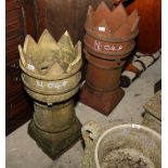 Two stoneware chimney pots with castellated tops, 30" high
