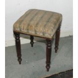 A 19th Century mahogany square top stool, upholstered in a striped fabric