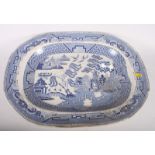 A 19th Century Staffordshire stone china Willow pattern turkey dish, 19" wide