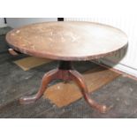 A Georgian mahogany circular tilt top table, on tripod splay supports, 28 1/2" dia (cut down)