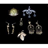 Two pairs of gold earrings and a gold pendant, 6.7g, a 9ct gold brooch, a 9ct gold cased watch