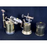 Five brass blow lamps, various, an assortment of horse brasses, a set of brass letter scales and