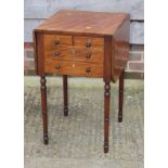 A late Georgian mahogany and line inlaid flap top work table, fitted two shallow and one deep