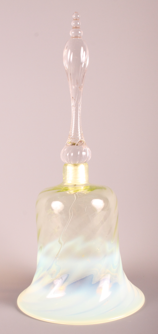 A Victorian Vaseline glass bell with spiral decoration, 13" high, and a smaller similar, 11 1/2" - Image 2 of 4