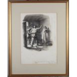 H J Stock: monochrome watercolours, group of men threatening a lady "Call me Witch, Fear to