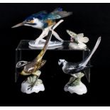 A Rosenthal porcelain model of a heron, 14" high, a similar model of a kingfisher and three other