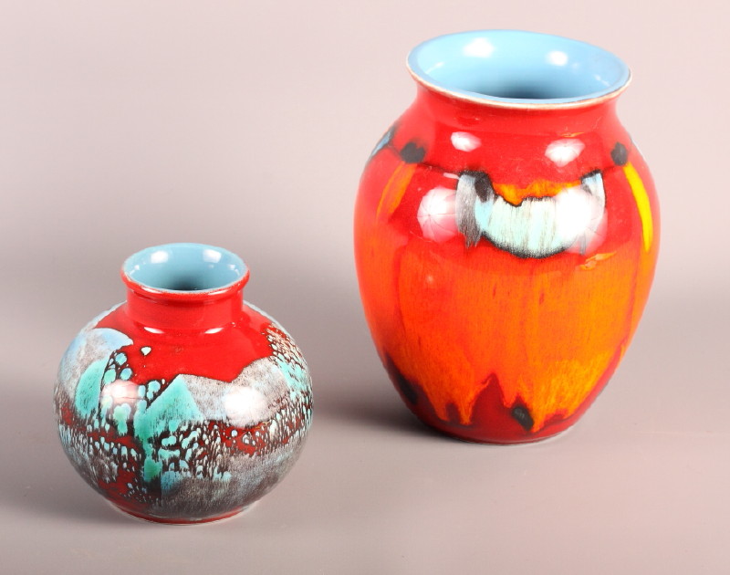 Two Poole pottery "Aegean" vases decorated in red and blue, largest 7" high - Image 2 of 8