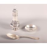 A silver sugar caster, a silver spoon and a silver coin dish, 7.4oz troy approx