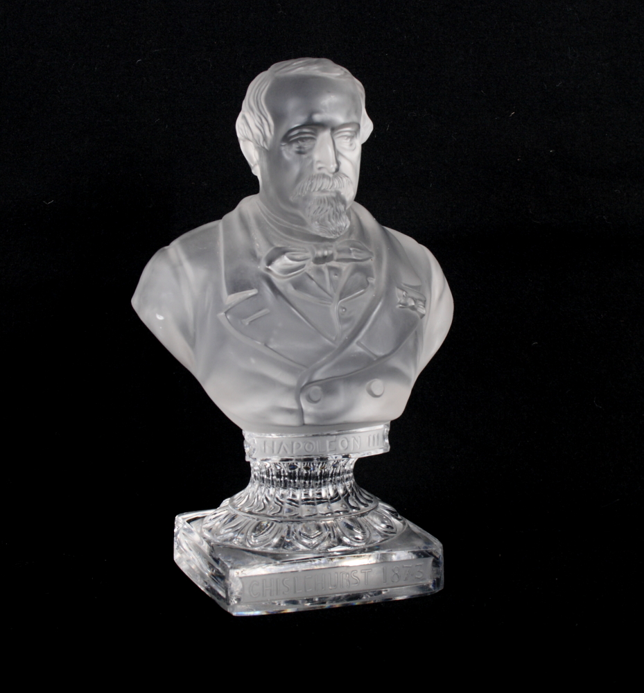 A French frosted glass sculpture, bust of Napoleon III, on square based stamped "Chislehurst