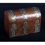 A Victorian walnut stationery box with decorative brass mounts, 9" wide