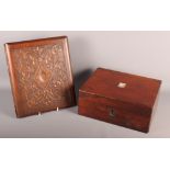 A 19th Century rosewood rectangular workbox, lid inset mother-of-pearl escutcheon, a wooden desk