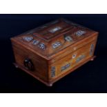 A George IV rosewood and mother-of-pearl inlay sewing box with silk lined interior, 11" wide