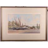 Michael Norman: lithograph and watercolour, "Sailing Barges Lying at Pinmill", in gilt frame